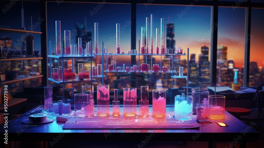 Medical research lab with glowing test tubes and digital charts Medical research lab with glowing test tubes and digital charts