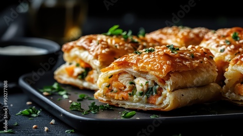 Golden, flaky pastry puffs filled with a savory chicken mixture, topped with sesame seeds and garnished with fresh herbs, arranged attractively on a dark serving platter.