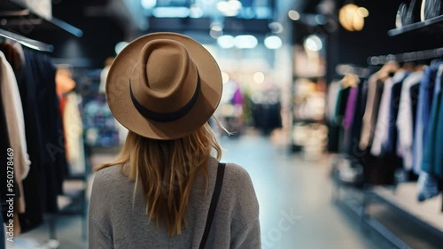 A casually dressed woman with long hair browses through an array of fashionable clothing in a modern store, enjoying her shopping experience in a vibrant atmosphere.
