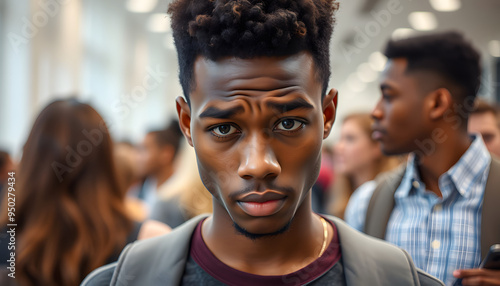 Bullying, depression and sad university student, black man and mental health problems in busy college. Social anxiety, depressed and lonely campus guy, loser and victim fail in school youth educatio photo