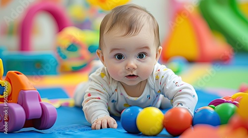 A baby playing with colorful toys on a soft play mat, surrounded by cheerful, playful surroundings.