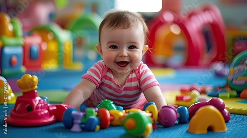A baby playing with colorful toys on a soft play mat, surrounded by cheerful, playful surroundings.