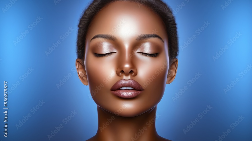 Portrait of a woman with glowing skin, closed eyes, and metallic makeup against a blue seamless background. Studio lighting. Generative ai Portrait of a woman with glowing skin, closed eyes, and metallic makeup against a blue seamless background. Studio lighting. Generative ai