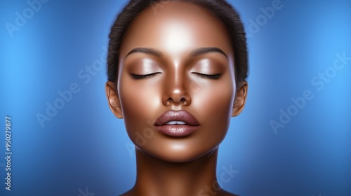 Portrait of a woman with glowing skin, closed eyes, and metallic makeup against a blue seamless background. Studio lighting. Generative ai