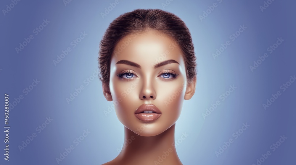 Portrait of a woman with neutral expression, smooth skin, and blue background. Centered, well-lit, and close-up. Generative ai Portrait of a woman with neutral expression, smooth skin, and blue background. Centered, well-lit, and close-up. Generative ai