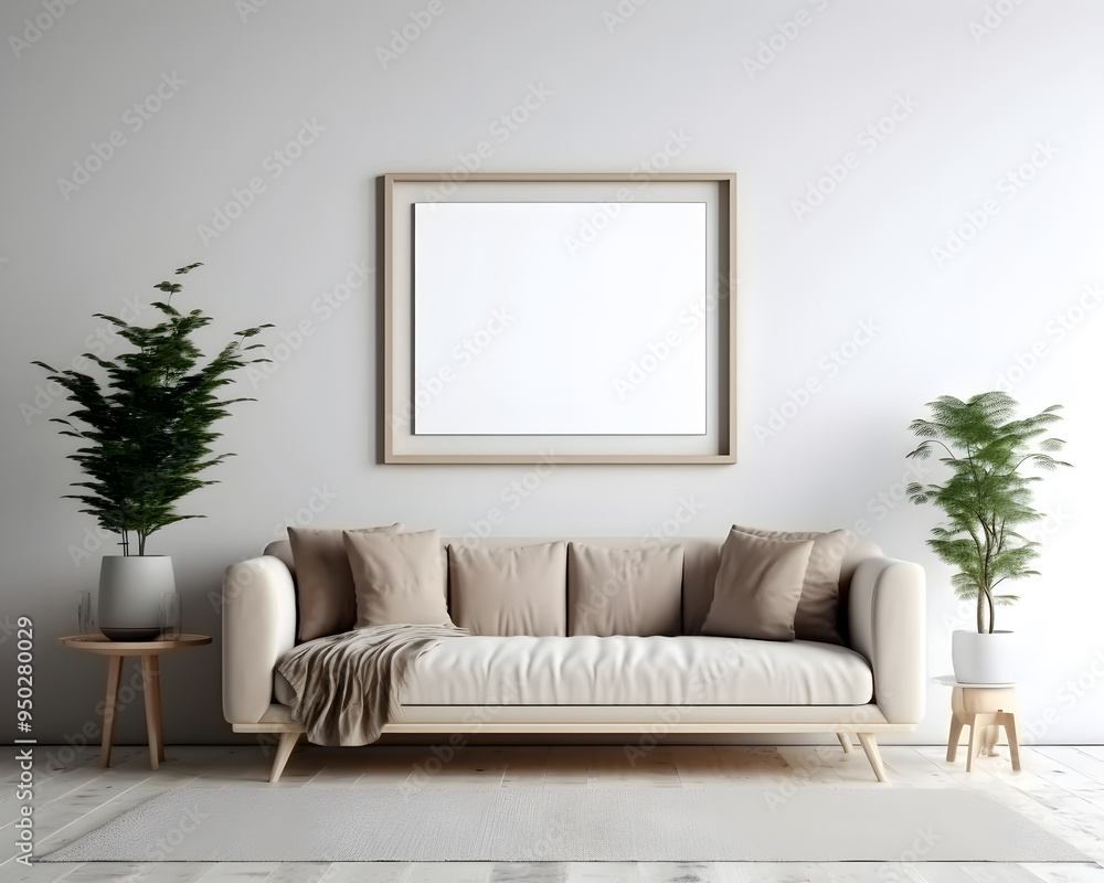 Interior minimal modern living room with mock up poster frame generative AI. Interior minimal modern living room with mock up poster frame generative AI.