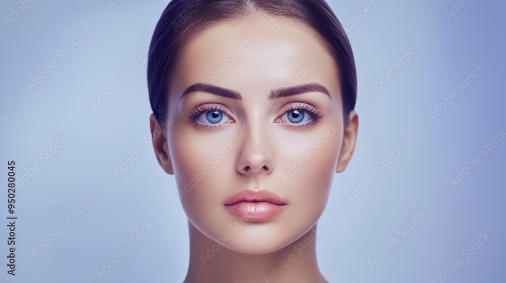 Fototapeta premium Portrait of a woman with neutral expression, smooth skin, and blue background. Centered, well-lit, and close-up. Generative ai