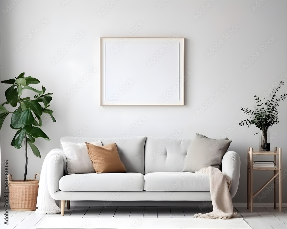 Interior minimal modern living room with mock up poster frame generative AI. Interior minimal modern living room with mock up poster frame generative AI.