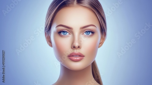 Portrait of a woman with neutral expression, smooth skin, and blue background. Centered, well-lit, and close-up. Generative ai