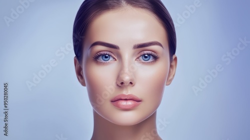 Portrait of a woman with neutral expression, smooth skin, and blue background. Centered, well-lit, and close-up. Generative ai