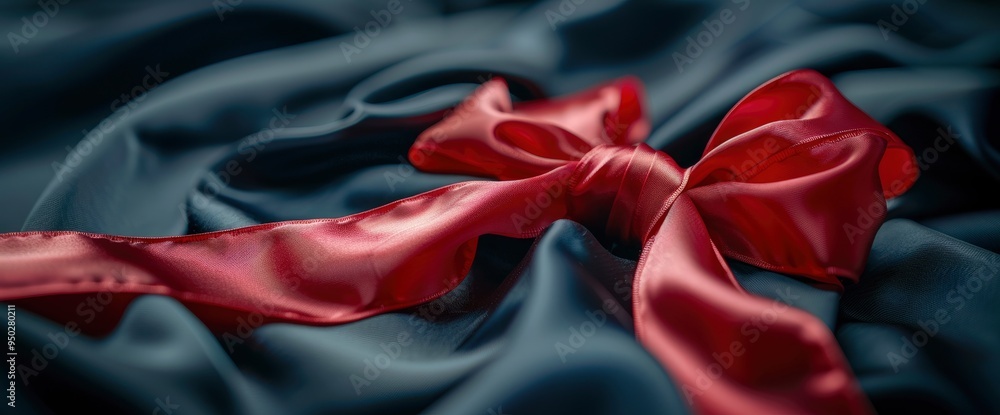 Red Satin Ribbon Bow on Blue Fabric Red Satin Ribbon Bow on Blue Fabric