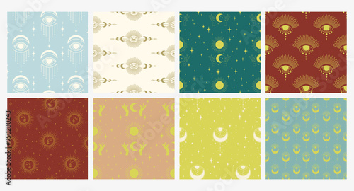 Seamless pattern with esoteric elements. Minimalistic magic witchcraft collection.