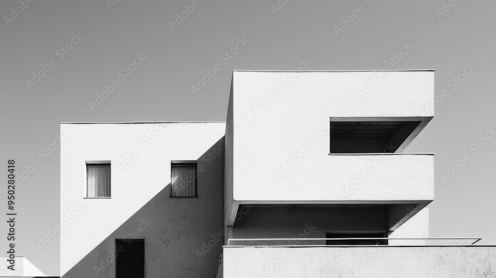 Minimalist white concrete building with geometric cutouts and shadows Minimalist white concrete building with geometric cutouts and shadows
