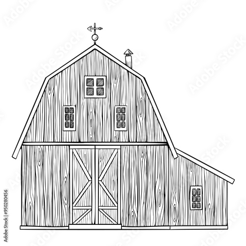 Vector Illustration of Rustic Barn with Vane Made painted by black inks in line art style. Outline drawing of old vintage Farm House for countryside design and harvest festival. Etching of farmhouse.