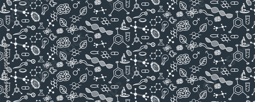 Hand drawing Biology education doodle icon idea set dark blue background seamless pattern