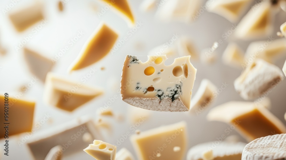This image showcases pieces of various cheeses, including blue cheese, floating against a soft background, highlighting their textures and molds for a dynamic visual appeal. This image showcases pieces of various cheeses, including blue cheese, floating against a soft background, highlighting their textures and molds for a dynamic visual appeal.