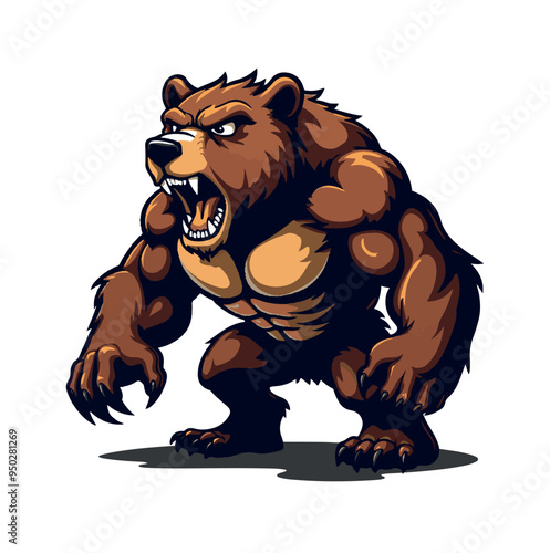 A mascot  muscular brown bear with sharp claws stands on all fours, roaring with its mouth wide open, showcasing sharp teeth and a fierce expression.