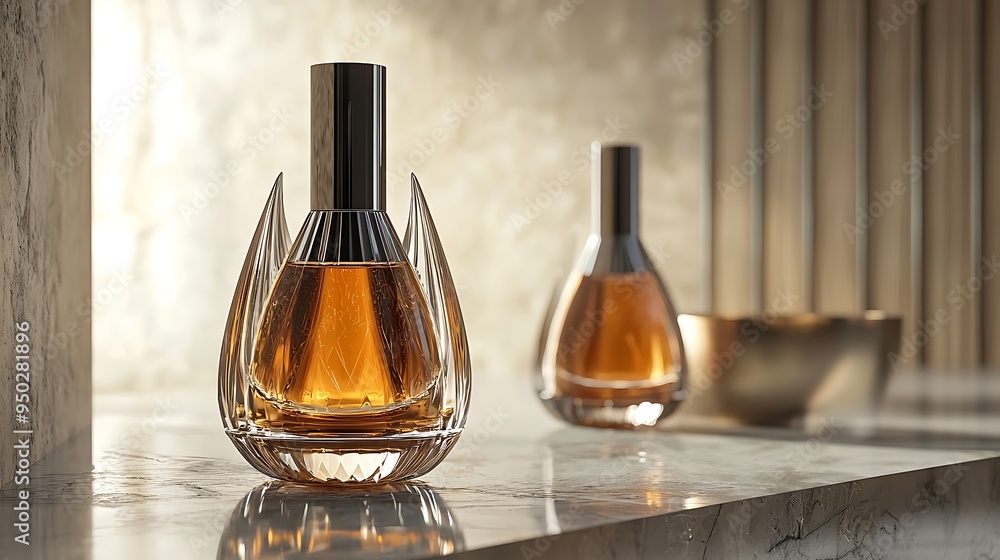 Luxury perfume bottles rest on a marble surface, radiating opulence. Luxury perfume bottles rest on a marble surface, radiating opulence.