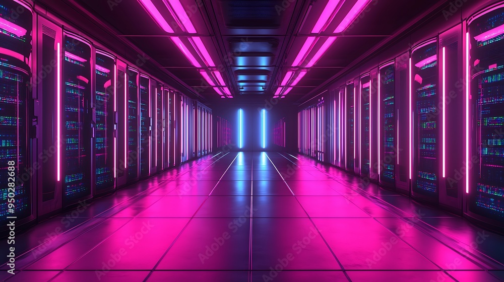 A futuristic server room pulses with neon lights, casting an otherworldly glow across towering racks. A futuristic server room pulses with neon lights, casting an otherworldly glow across towering racks.