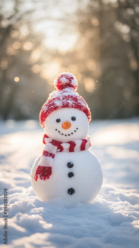 a cute cheerful snowman in the snow in a winter park with beautiful bokeh a cute cheerful snowman in the snow in a winter park with beautiful bokeh