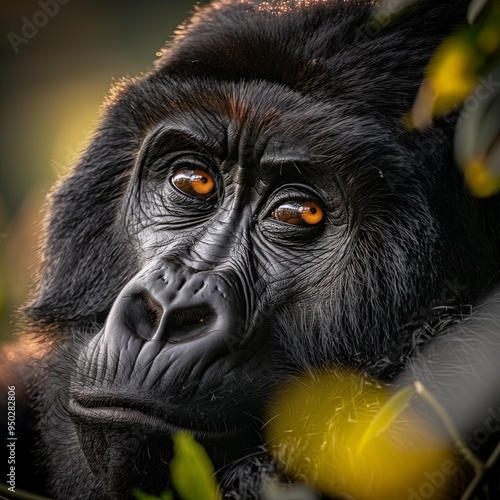 close up powerful gorilla with a rich, glossy coat and expressive eyes, softly blurred jungle , diffused, natural providing a soft glow on the gorilla s features, photo