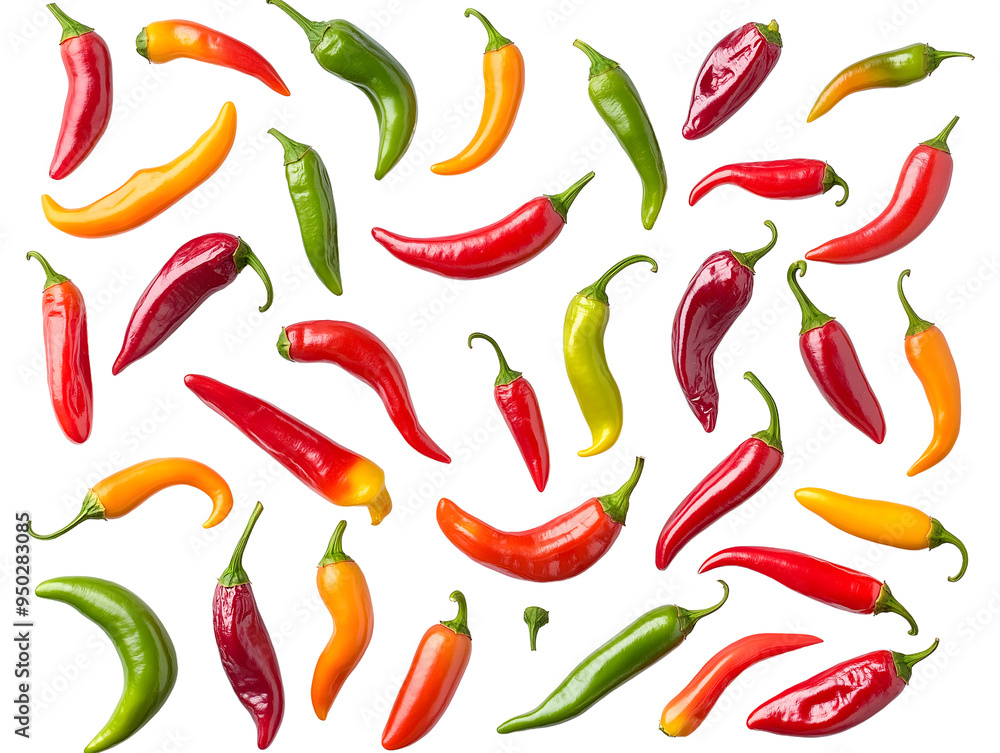 A set of chilies displayed in a flat lay view on a transparent background, showcasing different types and colors.. A set of chilies displayed in a flat lay view on a transparent background, showcasing different types and colors..
