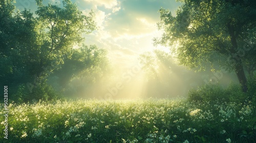 A peaceful meadow is illuminated by sunlight streaming through trees, setting a tranquil forest scene and creating a calm, natural atmosphere.