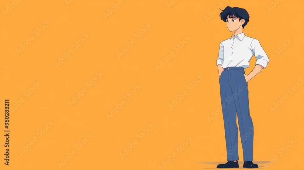 Anime-Inspired Character in Early 20s Wearing Blue Trousers and White Shirt on solid background with copy space Anime-Inspired Character in Early 20s Wearing Blue Trousers and White Shirt on solid background with copy space