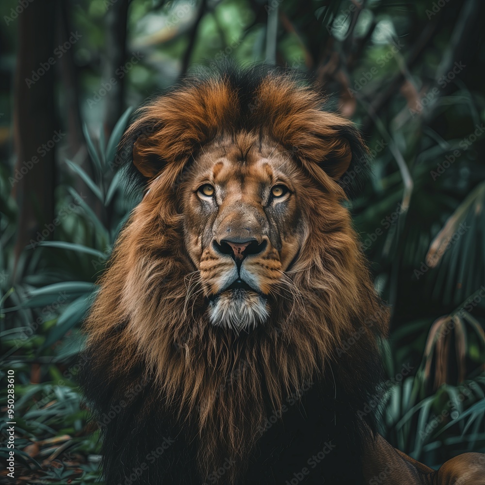 close up powerful lion with a focused, intense gaze and well defined mane, softly blurred tropical forest, bright, natural enhancing the lion s rich colors and textures close up powerful lion with a focused, intense gaze and well defined mane, softly blurred tropical forest, bright, natural enhancing the lion s rich colors and textures