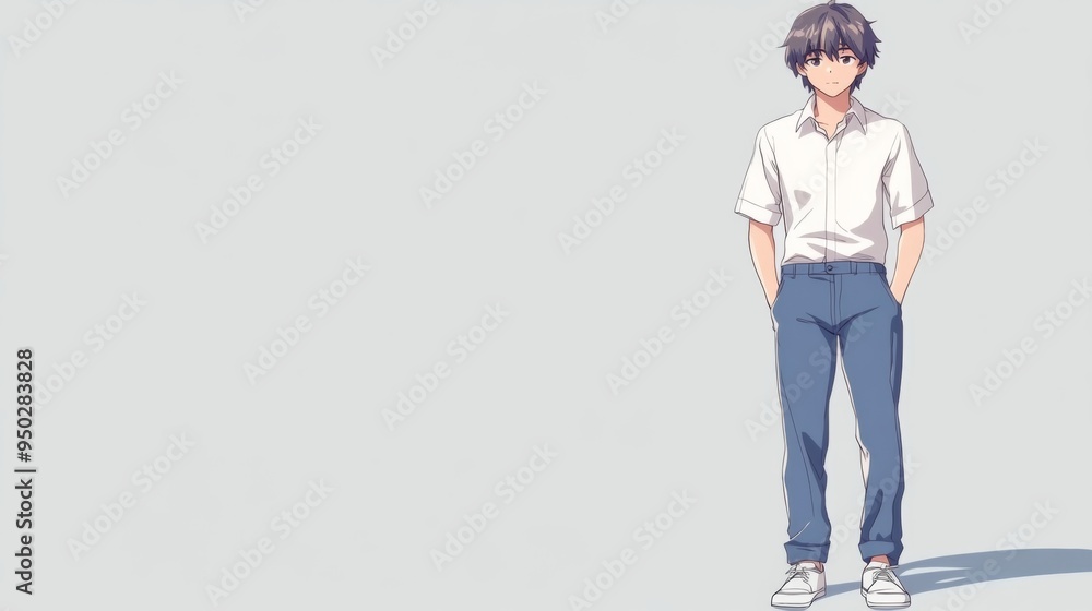 Anime-Inspired Character in Early 20s Wearing Blue Trousers and White Shirt on solid background with copy space Anime-Inspired Character in Early 20s Wearing Blue Trousers and White Shirt on solid background with copy space