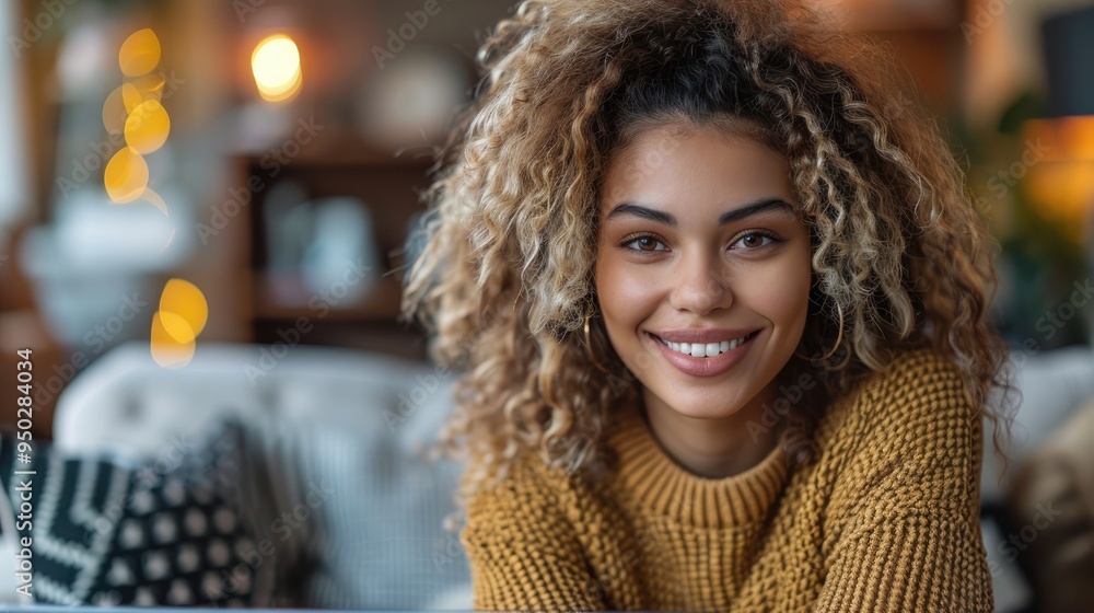A beautiful woman with curly hair smiles warmly in a cozy indoor setting, exuding happiness and welcoming ambiance amidst a charming and comfortable environment. A beautiful woman with curly hair smiles warmly in a cozy indoor setting, exuding happiness and welcoming ambiance amidst a charming and comfortable environment.