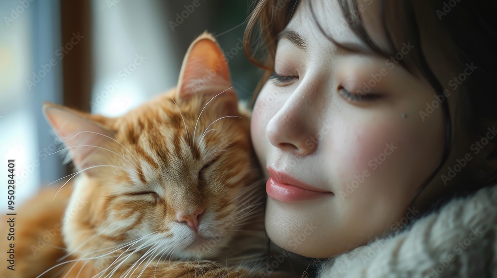 A serene scene of a woman affectionately cuddling with an orange cat by the window, both of them enjoying a calm and happy moment together, embodying comfort and love.