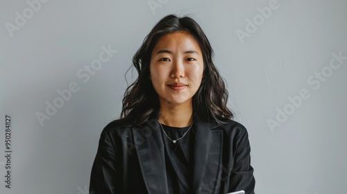 Asian woman in a black blazer, standing in minimalist studio setting, white backdrop soft natural light create professional modern atmosphere, confident expression and sleek black hair.