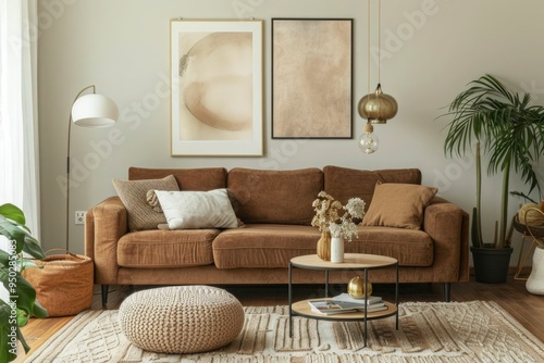 Warm and cozy interior of living room space with brown sofa, pouf, beige carpet, lamp, mock up poster frame, decoration, plant and coffee table. Cozy home decor. Template.