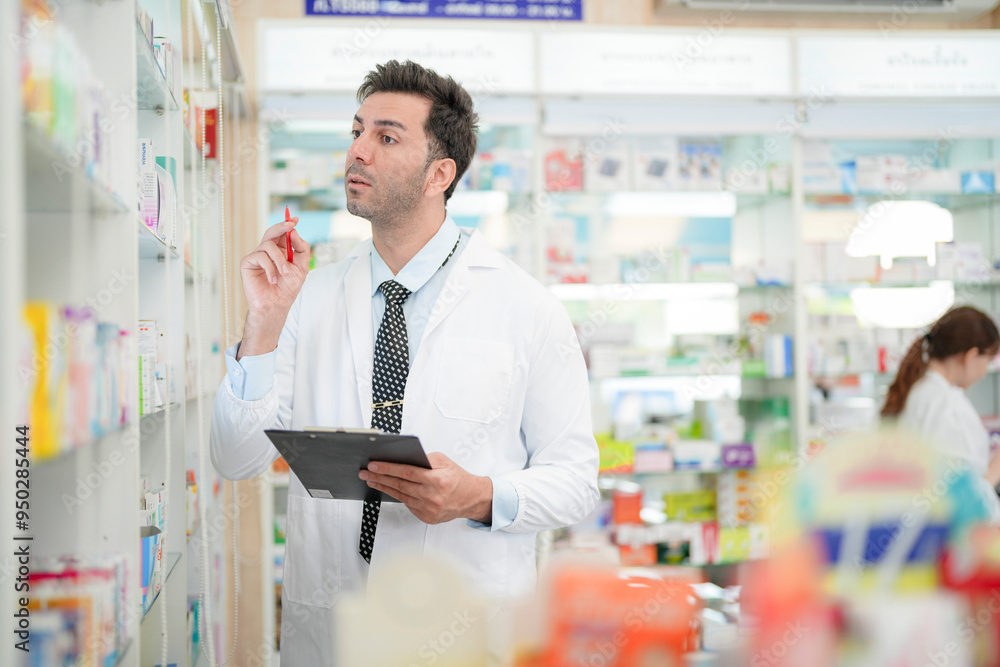 man pharmacist checks and arranges medicines on pharmacy shelves, emphasizing precision and responsibility in healthcare services. The scene highlights the daily operations in a modern pharmacy. man pharmacist checks and arranges medicines on pharmacy shelves, emphasizing precision and responsibility in healthcare services. The scene highlights the daily operations in a modern pharmacy.