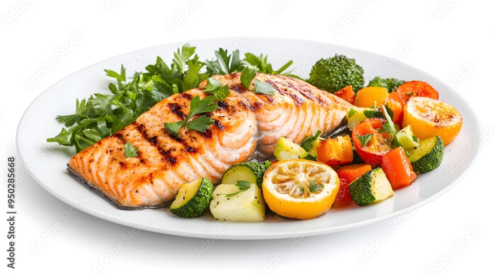 Grilled salmon served with a side of roasted vegetables, brain-boosting dinner, healthy and satisfying minimalist realistic Grilled salmon served with a side of roasted vegetables, brain-boosting dinner, healthy and satisfying minimalist realistic