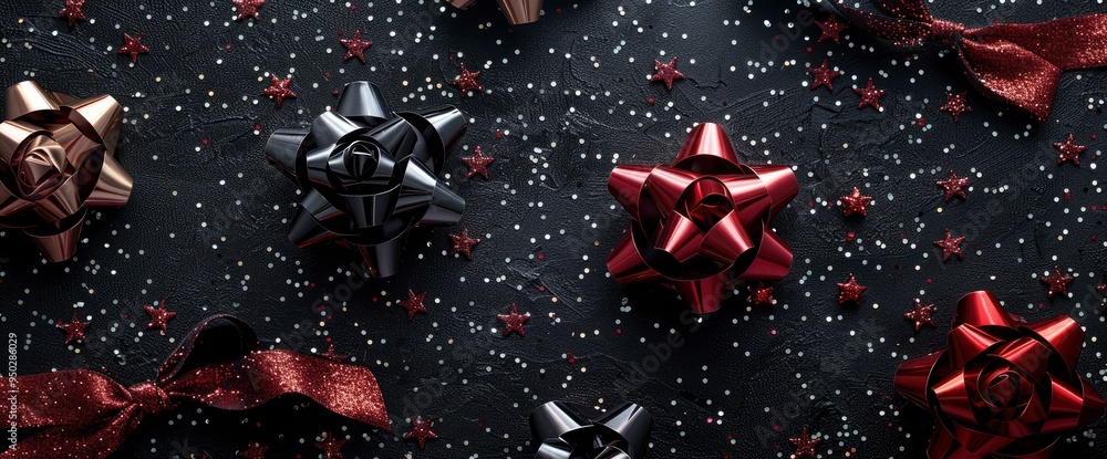 Red and Black Gift Bows on Black Background with Glitter Red and Black Gift Bows on Black Background with Glitter