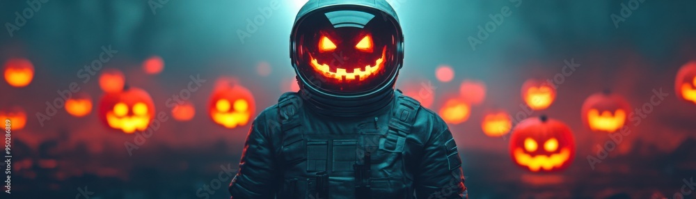 A futuristic astronaut discovering an ancient, haunted space station, surrounded by ghostly apparitions and floating Jack-o'-lanterns A futuristic astronaut discovering an ancient, haunted space station, surrounded by ghostly apparitions and floating Jack-o'-lanterns