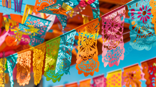 Mexican Papel Picado Colorful paper banners with Flower Cutout Designs
