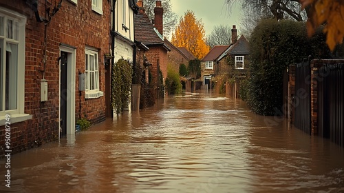 Floodwaters swirling and surging around the doorsteps of houses in a residential neighborhood during a severe flooding event caused by heavy rainfall and extreme weather conditions photo