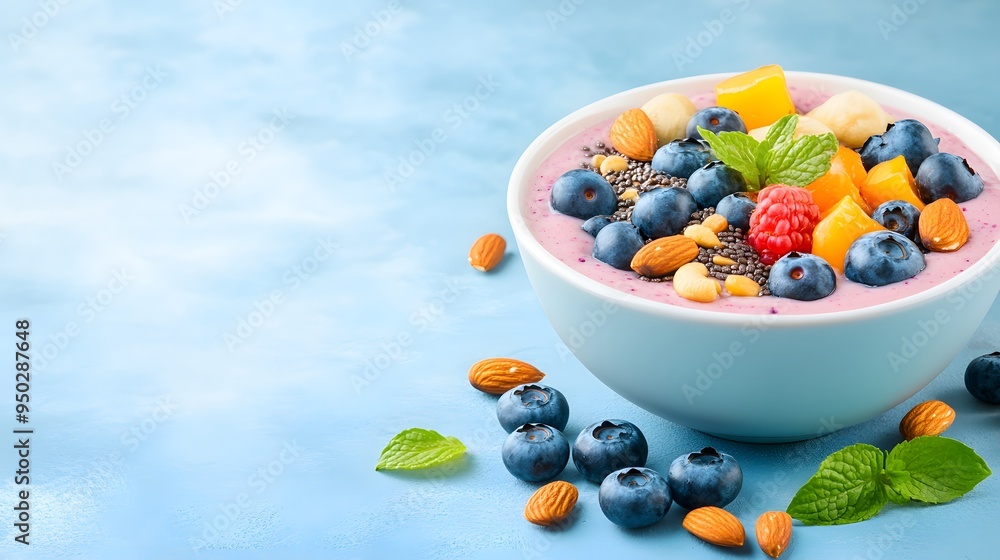 Colorful smoothie bowl topped with blueberries, nuts, and seeds, brain-boosting breakfast, vibrant and healthy meal minimalist realistic Colorful smoothie bowl topped with blueberries, nuts, and seeds, brain-boosting breakfast, vibrant and healthy meal minimalist realistic