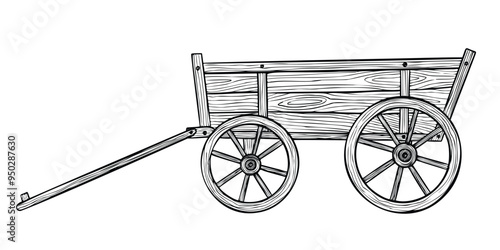 Rustic Wooden Wagon Vector Illustration. Outline Drawing of Vintage Cart for farm and harvest on isolated background. Etching of Old retro country transport with wheel for farmers. Rural vehicle.