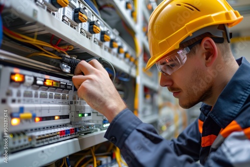 A male electrician adjusts the light on the electrical panel.Power supply technologies.