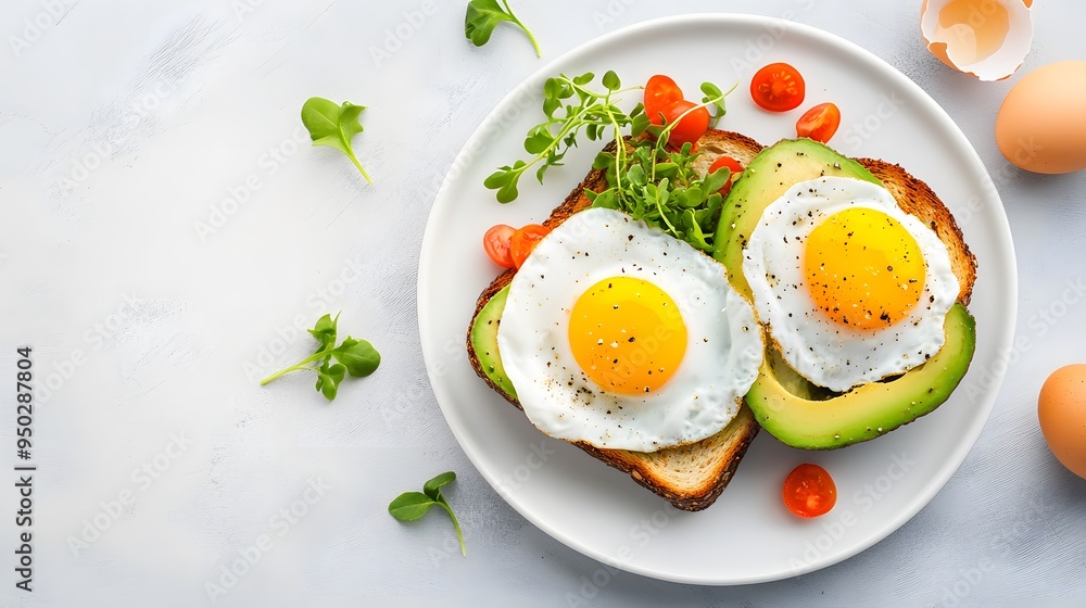 Avocado toast garnished with microgreens and poached eggs, nutrient-rich breakfast, healthy eating concept minimalist realistic Avocado toast garnished with microgreens and poached eggs, nutrient-rich breakfast, healthy eating concept minimalist realistic