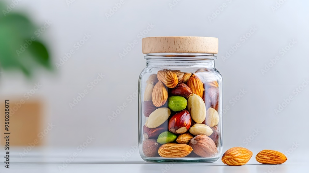 Mixed nuts and seeds in a glass jar, brain-boosting snack, healthy and natural food storage minimalist realistic Mixed nuts and seeds in a glass jar, brain-boosting snack, healthy and natural food storage minimalist realistic