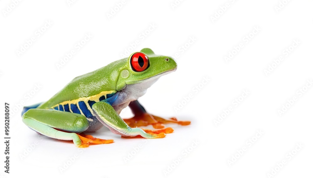 Obraz premium red eyed tree or leaf frog - Agalychnis callidryas - native to forests from Central and South America known for its bright green, blue, red and yellow colors. Isolated on white background