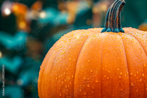 Close up of a fresh pumpkin on blurred green background