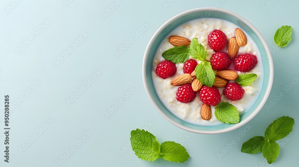 Bowl of oatmeal topped with almonds, berries, and honey, healthy brain-boosting breakfast, comforting meal minimalist realistic Bowl of oatmeal topped with almonds, berries, and honey, healthy brain-boosting breakfast, comforting meal minimalist realistic
