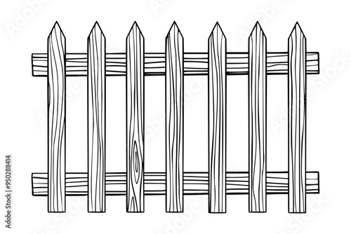 Wooden Picket Fence Rustic Wood vector illustration on isolated background. Outline Drawing of countryside Outdoor farm Decor. Black etching of old boundary made of timber planks.