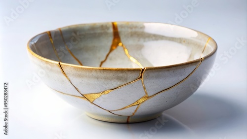 Close-up of cracked ceramic bowl repaired with gold using Kintsugi technique, Kintsugi, Japanese craft, mending photo